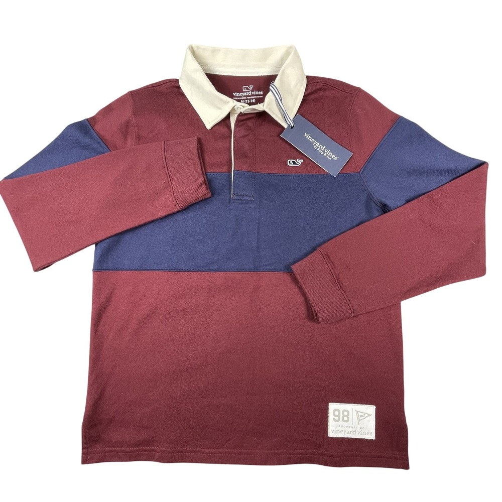 Vineyard Vines Rugby Boys M 12-14 Crimson Navy Rugby NEW 100% Organic Cotton